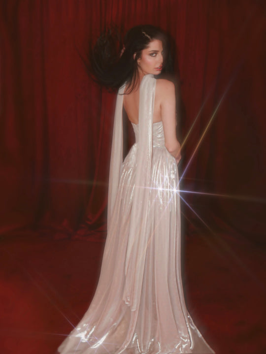 Wuthering Hearts metallic chiffon wedding dress back view with flowing skirt and matching neck scarf