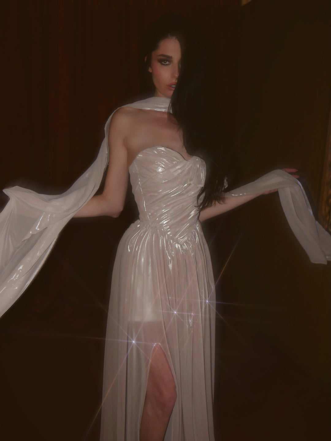 Wuthering Hearts blush metallic wedding dress with sweetheart corset bodice, basque waist and matching scarf