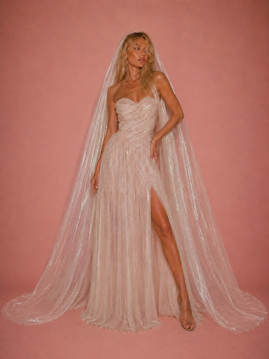 Wuthering Hearts blush metallic chiffon wedding gown with sweetheart corset bodice, basque waist and flowing veil
