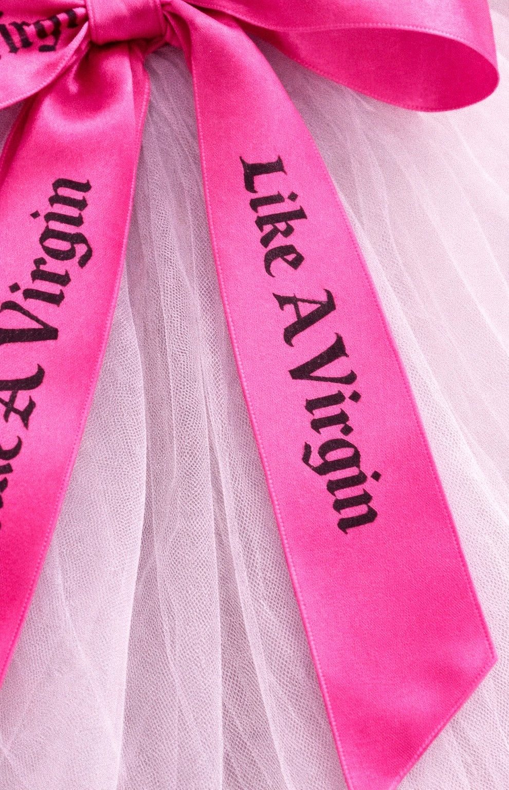 Like A Virgin satin bow wedding veil with hot pink printed ribbon bows on soft bridal tulle