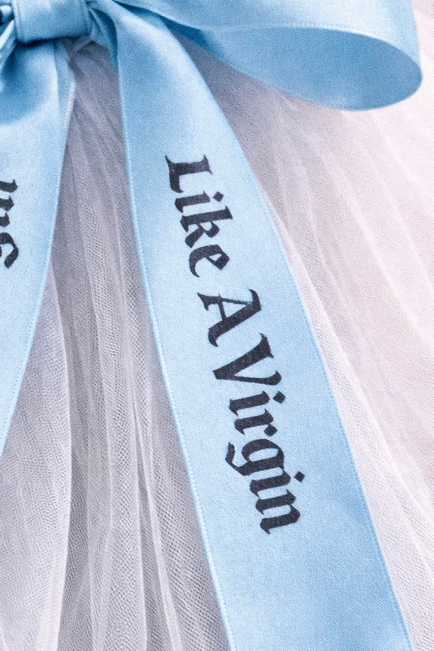 Satin bow wedding veil with powder blue printed ribbons on layered illusion tulle