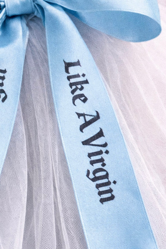 Satin bow wedding veil with powder blue printed ribbons on layered illusion tulle